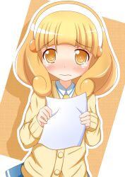  blonde_hair blush cardigan commentary_request female hairband highres nanairogaoka_middle_school_uniform necktie paper precure school_uniform short_hair skirt smile_precure solo white_hairband xenon_(for_achieve) yayoi_kise yellow_eyes 