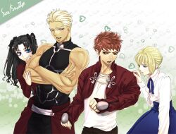  2boys 2girls archer_(fate) artoria_pendragon_(fate) black_hair blonde_hair blue_eyes commentary_request cropped_jacket emiya_shirou fate/stay_night fate_(series) green_eyes hair_ribbon jacket josem_aqma1 long_hair multiple_boys multiple_girls red_hair red_jacket ribbon saber_(fate) tohsaka_rin two_side_up white_hair yellow_eyes 