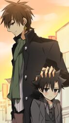  2boys aged_down bad_id bad_pixiv_id black_eyes black_hair blush brown_eyes brown_hair casual cross cross_earrings earrings emiya_kiritsugu fate/zero fate_(series) hand_on_another&#039;s_head jewelry kotomine_kirei lolicon male_focus multiple_boys ruffling_hair scarf time_paradox yuzuru_(xxelysionxx) 