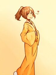  anonymous_drawfag_(artist) artist_request bouhatei_tetora brown_eyes brown_hair check_artist female heart highres japanese_clothes joshiraku kimono long_hair ponytail simple_background slippers solo spoken_heart yellow_kimono 