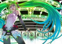  aqua_hair bad_id bad_pixiv_id bridal_gauntlets elbow_gloves female fingerless_gloves gloves gradient_hair green_eyes green_hair hatsune_miku hatsune_miku_(append) long_hair multicolored_hair open_mouth photoshop_(medium) ryuushiro solo speaker stage thighhighs twintails very_long_hair vocaloid vocaloid_append 