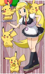  acorn apron balloon blonde_hair boots chris_(pokemon_battrio) female flying_pikachu green_eyes hair_ornament hairclip hand_on_own_hip headdress inline_skates knee_boots light_smile long_hair looking_at_viewer maid_headdress miniskirt necktie on_shoulder pikachu pokemoa pokemon pokemon_(creature) pokemon_(game) pokemon_battrio pokemon_on_shoulder ponytail puffy_sleeves roller_skates skates skirt standing tray waist_apron waitress 