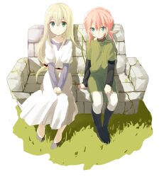  1boy bad_id bad_pixiv_id blue_eyes dress eka_eri female glasses grass inazuma_eleven_(series) inazuma_eleven_go inazuma_eleven_go_chrono_stone jeanne_d&#039;arc_(inazuma_eleven) kirino_ranmaru long_hair pantyhose pink_hair sitting smile tunic twintails 