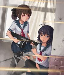  2girls aa-12 ahoge assault_rifle black_hair black_legwear brown_hair bullet_hole bullpup commentary_request drum_magazine finger_on_trigger glasses gun highres holding holding_gun holding_weapon magazine_(weapon) multiple_girls original pantyhose photoshop_(medium) ponytail red-framed_eyewear rifle school_uniform serafuku short_hair shotgun skirt steyr_aug thighhighs tongue tracers under_fire weapon willgoon zettai_ryouiki 