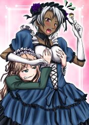  2girls baldr_(series) baldr_sky blonde_hair breasts cake commentary_request cream cream_on_face dark-skinned_female dark_skin detached_collar dress eating elbow_gloves food food_on_face fork gloves gown grabbing grabbing_another&#039;s_breast grabbing_from_behind green_eyes grey_hair highres large_breasts maid_headdress multiple_girls noi_(baldr_sky) red_eyes shizel_steinbrecher short_hair tal_yuji white_gloves 