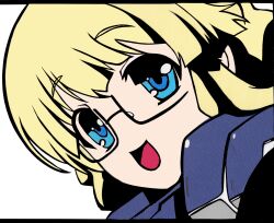  :d absurdres adele_balfetto blonde_hair blue_eyes female female glasses highres kyoukai_senjou_no_horizon kyoukaisenjou_no_horizon open_mouth short_hair smile solo traditional_media 