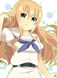  blonde_hair commentary_request female green_eyes hair_flip highres long_hair oohoshi_awai saki_(manga) sasakura school_uniform shiraitodai_school_uniform solo 