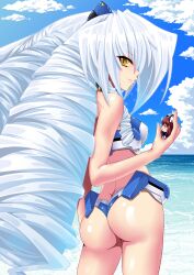  2girls absurdres ass bad_id bad_pixiv_id big_hair bikini breasts cloud day drill_hair f._walsingham highres kyoukaisenjou_no_horizon long_hair medium_breasts mini_person minigirl mizutsuki_rei multiple_girls nate_mitotsudaira ocean photoshop_(medium) silver_hair sky slit_pupils smile sparkle swimsuit trembling very_long_hair yellow_eyes 