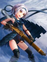  armor bad_id bad_pixiv_id bandana black_gloves black_thighhighs brown_eyes female fingerless_gloves gloves gun had_(had314) highres japanese_armor kusazuri original rope school_swimsuit shoulder_armor silver_hair smoke sode solo suneate swimsuit swimsuit_under_clothes thighhighs weapon 