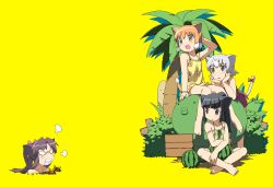  4girls :d anger_vein animal_ears arm_up bare_shoulders barefoot black_eyes black_hair blush bracelet brown_eyes brown_hair buried cat_ears cat_tail collarbone crab dress food fruit grey_hair head_rest highres indian_style jewelry kanzaki_hiro long_hair multicolored_hair multiple_girls non-web_source open_mouth original palm_tree photoshop_(medium) ponytail ribbon sharp_teeth short_hair simple_background sitting smile strap_slip tail tail_ornament tail_ribbon teeth tree two-tone_hair watermelon white_hair yellow_background 