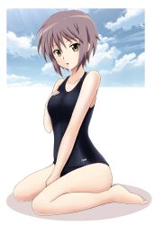  bad_id bad_link bad_nicoseiga_id barefoot breast_suppress brown_eyes female fuuma_nagi nagato_yuki one-piece_swimsuit open_mouth purple_hair school_swimsuit short_hair sitting sky solo suzumiya_haruhi_no_yuuutsu swimsuit wariza 