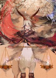  balance_scale capricorn_(zodiac) centaur cloak closed_eyes commentary_request feathers female fur grey_hair horns monster_girl original personification photoshop_(medium) satsuyu_ito solo taur weighing_scale zodiac 