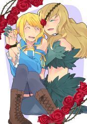  2girls blonde_hair eyepatch fairy_tail flower imitatia_(fairy_tail) kagano_(rebanonn) long_hair lucy_heartfilia multiple_girls pixiv_thumbnail resized restrained rose roses smile vines 