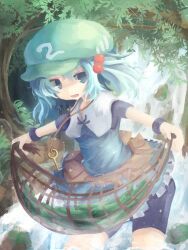  absurdres bike_shorts blue_eyes blue_hair chii_(tsumami_tsumamare) commentary_request cucumber female hair_bobbles hair_ornament hat highres jewelry kawashiro_nitori key nature necklace net short_hair solo touhou tree two_side_up water waterfall 