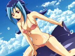  bikini blue_hair breasts kamishiro_rio long_hair multicolored_hair red_eyes smile swimsuit wasanbon yu-gi-oh! yuu-gi-ou_zexal 