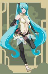  bad_deviantart_id bad_id bare_shoulders breasts bridal_gauntlets center_opening elbow_gloves female gloves hair_ornament halterneck hatsune_miku hatsune_miku_(append) long_hair medium_breasts nail_polish navel shoji-ikari solo thighhighs toenail_polish toenails twintails very_long_hair vocaloid vocaloid_append 