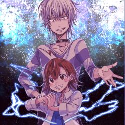  1boy accelerator_(toaru_majutsu_no_index) age_difference alternate_eye_color bad_id bad_pixiv_id black_choker black_eyes blush_stickers brown_eyes brown_hair choker diagonal-striped_shirt diagonal_stripes electricity electrokinesis female height_difference last_order_(toaru_majutsu_no_index) lolicon medium_hair photoshop_(medium) psychic science_fiction shirt short_hair striped_clothes striped_shirt toaru_majutsu_no_index white_hair yamano_(151515) 