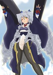  black_legwear bodysuit female female fingerless_gloves gloves kyoukai_senjou_no_horizon kyoukaisenjou_no_horizon long_hair nate_mitotsudaira neito_mitotsudaira silver_hair sirakage-kokuyou smile solo very_long_hair yellow_eyes 