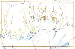  2girls :d animation_paper arm_around_shoulder bad_id bad_pixiv_id color_trace eye_contact hair_ornament hairclip hirasawa_yui k-on! long_sleeves looking_at_another multiple_girls open_mouth parted_lips photoshop_(medium) production_art short_hair simple_background smile suppy tainaka_ritsu trim_marks upper_body white_background yuri 