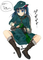  backpack bag blue_eyes blue_hair boots commentary_request female fingerless_gloves gloves hair_bobbles hair_ornament hat kawashiro_nitori key long_sleeves screw short_hair sleeves_rolled_up solo sweatdrop touhou translated trembling two_side_up unasaka_ryou wrench 