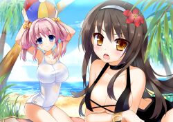  2girls armpits arms_up bad_id bad_pixiv_id ball beach beachball bikini black_hair blue_eyes blush bow breasts brown_eyes cleavage commentary_request crossed_arms flower hair_flower hair_ornament hair_up hairband hairbow kurot large_breasts long_hair looking_at_viewer multiple_girls one-piece_swimsuit open_mouth original outdoors pink_hair sand smile swimsuit 