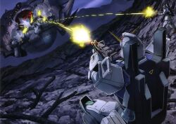  apsalus artist_request battle firing ground_gundam gun gundam gundam_08th_ms_team highres machine_gun mecha muzzle_flash no_humans official_art robot war weapon 