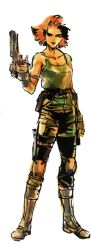  bare_shoulders boots breasts cleavage desert_eagle female fingerless_gloves flipped_hair gloves gun handgun highres knee_pads medium_breasts meryl_silverburgh metal_gear_(series) metal_gear_solid official_art photoshop_(medium) red_hair shinkawa_youji short_hair solo tank_top trigger_discipline weapon 