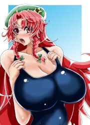  braid braids breasts cap female female hat hong_meiling huge_breasts long_hair one-piece_swimsuit open_mouth red_eyes red_hair solo standing swimsuit touhou twin_braids upper_body ura urx_ura 