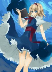  alice_margatroid blonde_hair blue_eyes book capelet commentary_request female fish hairband short_hair smile solo touhou unasaka_ryou 