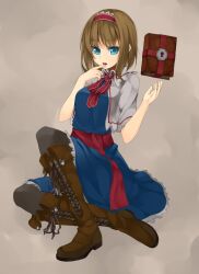  alice_margatroid black_pantyhose blonde_hair blue_eyes book boots capelet commentary_request cross-laced_footwear dress female hairband lace-up_boots open_mouth pantyhose sash short_hair sitting solo touhou unasaka_ryou 