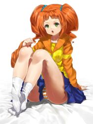  bad_id bad_pixiv_id bed_sheet blush female green_eyes hajime_kaname highres idolmaster idolmaster_(classic) long_hair open_mouth orange_hair panties pantyshot sitting skirt sleeves_past_wrists solo striped_clothes striped_panties takatsuki_yayoi twintails underwear upskirt 