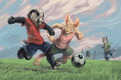  anthro badger ball canid canine felid fennec_fox fox grass group keaze lagomorph leporid male mammal mustelid musteline plant playing rabbit realistic running soccer soccer_ball sport tail true_fox young young_anthro 