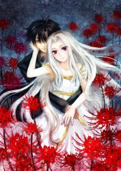  1boy absurdres black_hair commentary_request couple dress emiya_kiritsugu fate/zero fate_(series) female flower highres hug hug_from_behind husband_and_wife irisviel_von_einzbern irisviel_von_einzbern_(angel&#039;s_song) kami2011 long_hair photoshop_(medium) red_eyes red_flower spider_lily straight white_hair 