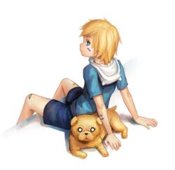  1boy advanced-random adventure_time animification bandages blonde_hair blue_eyes canine commentary_request finn_the_human jake_the_dog looking_back male_focus photoshop_(medium) 