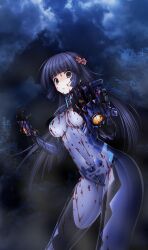  absurdres blood blood_on_clothes blood_on_face blue_hair bodysuit breasts cloud female fortified_suit game_cg hair_ornament half_updo highres ishigaki_takashi leaning_forward long_hair medium_breasts muv-luv muv-luv_alternative muv-luv_unlimited:_the_day_after night night_sky parted_lips pilot_suit purple_eyes scan sendou_yuzuka sky solo 