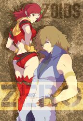  1boy ass back bad_id bad_pixiv_id ballad_hunter bare_shoulders belt blue_eyes boots brown_hair crop_top female gloves hair_ornament hands_on_own_hips highres kudou_akira long_hair looking_back naomi_fluegel red_eyes red_hair short_shorts shorts thigh_boots thighhighs zoids zoids_shinseiki/zero 