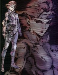  breasts elbow_pads female headband highres knee_pads meryl_silverburgh metal_gear_(series) metal_gear_solid official_art photoshop_(medium) red_hair scan shinkawa_youji short_hair sneaking_suit zoom_layer 