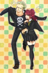  1boy arm_grab black_legwear blonde_hair checkered_background commentary_request female jewelry kujikawa_rise long_hair necklace open_mouth persona persona_4 red_hair school_uniform serafuku skirt skull tatsumi_kanji thighhighs twintails umimoti yasogami_school_uniform yellow_eyes 