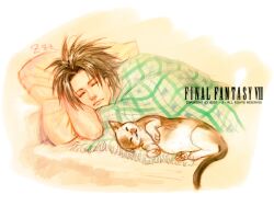  1boy blanket brown_hair commentary_request feline final_fantasy final_fantasy_vii j_(onose1213) male_focus sleeping solo zack_fair 