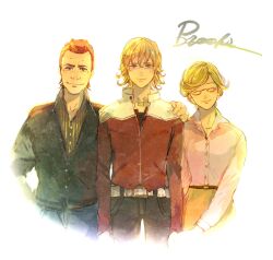  2boys bad_id bad_pixiv_id barnaby_brooks_jr. barnaby_brooks_sr blonde_hair brown_hair cardigan earrings emily_brooks family female glasses hand_on_another&#039;s_shoulder jacket jewelry multiple_boys red_jacket short_hair tamaccolo tiger_&amp;_bunny time_paradox 