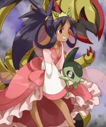  axew champion crown dark_skin dress haxorus iris_(pokemon) irouha pokemon pokemon_(game) pokemon_bw2 purple_hair smile 