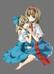  2girls alice_margatroid alice_margatroid_(pc-98) barefoot blonde_hair blue_eyes blue_hairband capelet commentary_request dual_persona hairband holding_hands interlocked_fingers multiple_girls open_mouth puffy_sleeves short_hair short_sleeves sitting smile time_paradox touhou touhou_(pc-98) unasaka_ryou wariza 