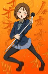  bad_id bad_pixiv_id black_pantyhose blazer blush_stickers brown_hair closed_eyes female hirasawa_yui jacket k-on! loafers microphone microphone_stand pantyhose sakuragaoka_high_school_uniform school_uniform shoes short_hair skirt standing toyomaru 