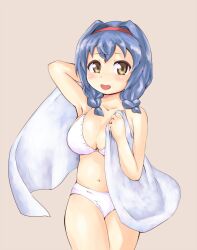  bad_id bad_pixiv_id beige_background bikini blue_hair braid breasts brown_eyes female furutani_himawari hairband highres komemiruku large_breasts open_mouth red_hairband simple_background solo swimsuit towel twin_braids white_bikini yuru_yuri 