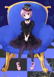  bassa brown_eyes commentary_request dress female frills gothic_lolita hat highres lolita_fashion nagato_yuki pantyhose purple_hair short_hair sitting solo suzumiya_haruhi_no_yuuutsu top_hat 