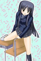  akiyama_mio black_eyes black_hair blush breasts desk female hime_cut k-on! leg_up long_hair looking_at_viewer photoshop_(medium) sakuragaoka_high_school_uniform school_uniform simple_background skirt solo uniform 