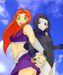  2girls alien bindi cartoon_network cloak dc_comics female green_eyes hand_holding leotard lowres midriff multiple_girls pixiv_manga_sample purple_hair purple_skirt raven_(dc) red_hair skirt smile starfire superhero teen_titans 