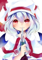  bad_id bad_pixiv_id bat_wings blue_hair blush curiosities_of_lotus_asia female hat holding kedama_milk knife red_eyes remilia_scarlet smile solo touhou wings 