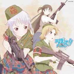  3girls album_cover armband assault_rifle battle_rifle blonde_hair blue_eyes bob_cut brown_eyes camouflage copyright_name cover fal_l1a1_(upotte!!) fn_fal fn_fnc fnc_(upotte!!) frown gun hat long_hair m16 m16a4 m16a4_(upotte!!) military military_uniform multiple_girls official_art open_mouth photoshop_(medium) pleated_skirt rifle school_uniform short_hair silver_hair skirt sweater_vest takami_akio uniform upotte!! weapon 