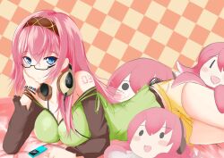  bad_id bad_pixiv_id beniyosweet009 bespectacled blue_eyes blush casual digital_media_player female glasses hairband headphones headphones_around_neck long_hair looking_at_viewer lying megurine_luka on_side pink_hair solo takoluka vocaloid 